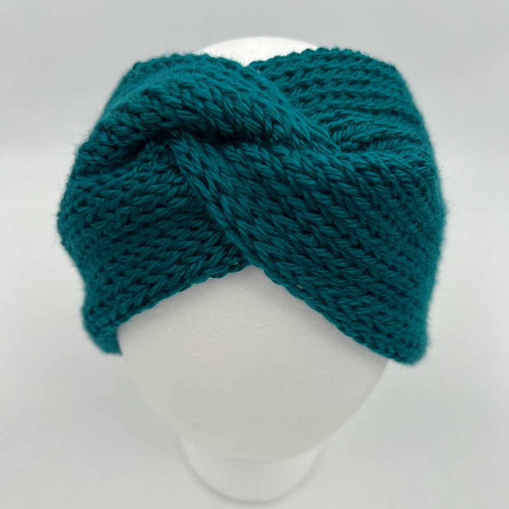 Teal Green Handmade Knit Twist Top Knot Headband Ear Warmer - Picture 2 of 5